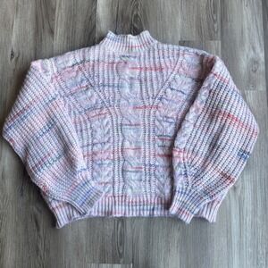 Grace & Karma L Oversize Pink Cable Knit Chunky Turtleneck Sweater ballon